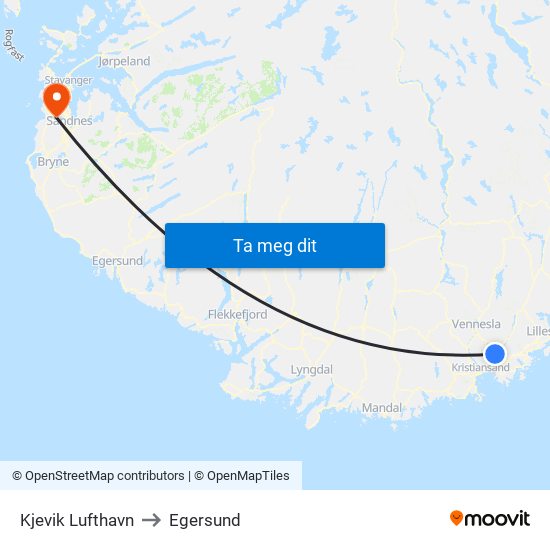 Kjevik Lufthavn to Egersund map