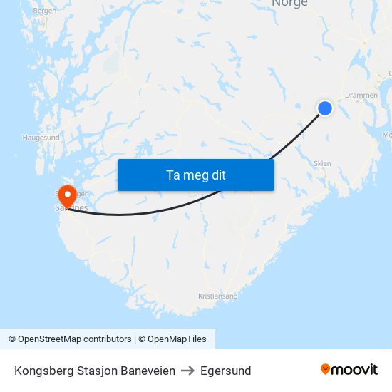 Kongsberg Stasjon Baneveien to Egersund map