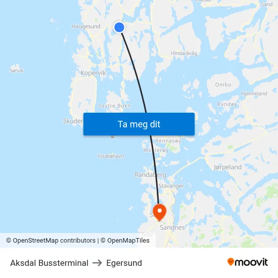 Aksdal Bussterminal to Egersund map
