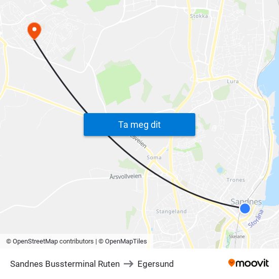Sandnes Bussterminal Ruten to Egersund map