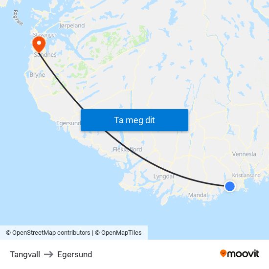 Tangvall to Egersund map