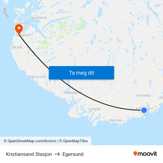 Kristiansand Stasjon to Egersund map