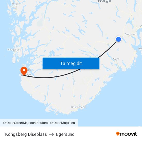 Kongsberg Diseplass to Egersund map