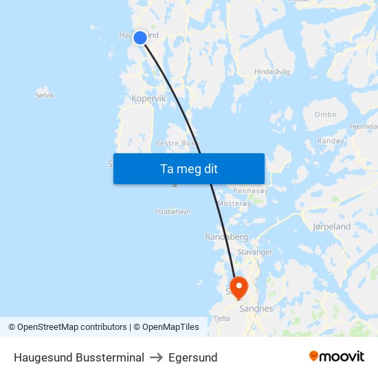 Haugesund Bussterminal to Egersund map