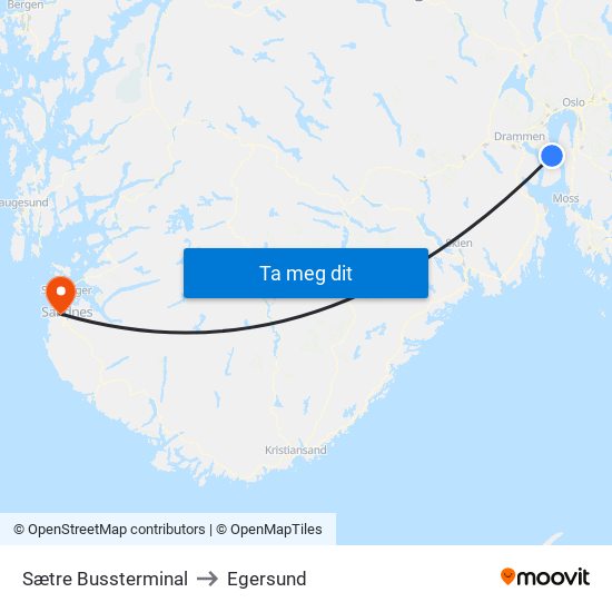 Sætre Bussterminal to Egersund map