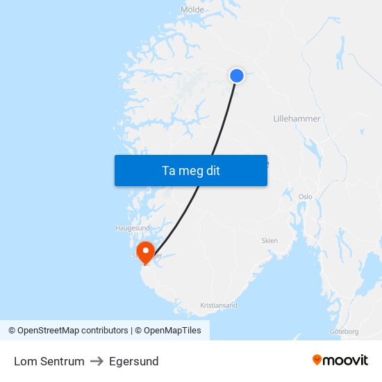 Lom Sentrum to Egersund map