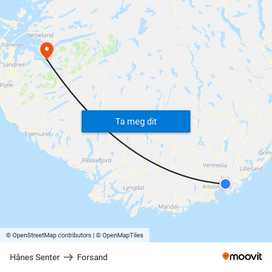 Hånes Senter to Forsand map