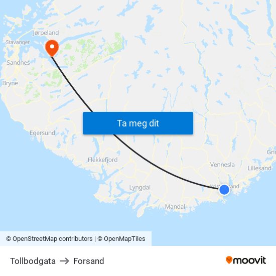 Tollbodgata to Forsand map