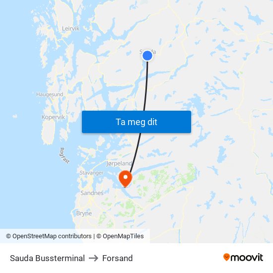 Sauda Bussterminal to Forsand map