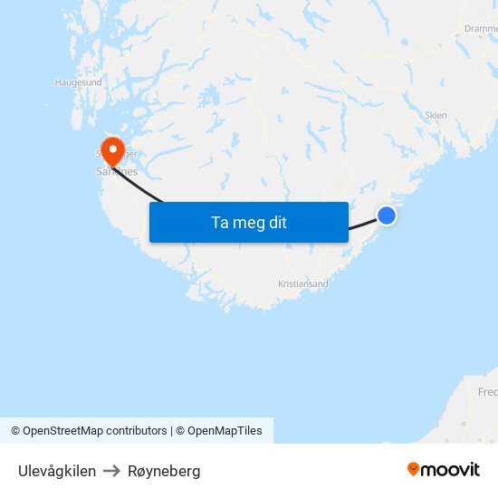 Ulevågkilen to Røyneberg map