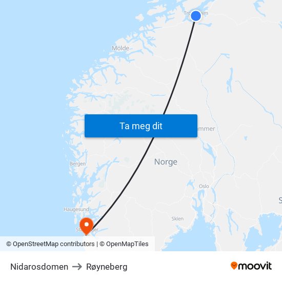 Nidarosdomen to Røyneberg map