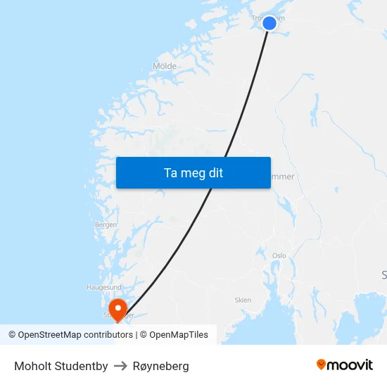 Moholt Studentby to Røyneberg map