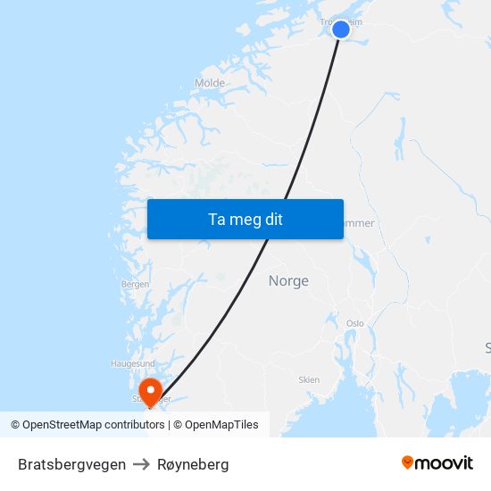 Bratsbergvegen to Røyneberg map