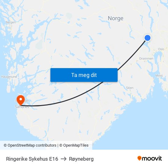 Ringerike Sykehus E16 to Røyneberg map