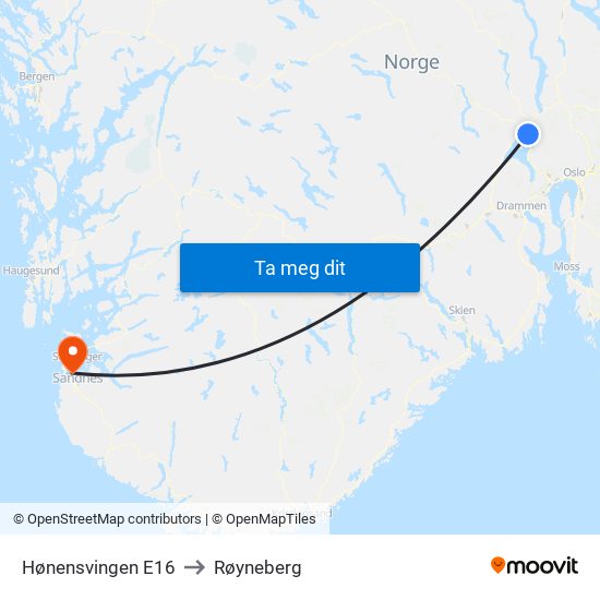 Hønensvingen E16 to Røyneberg map