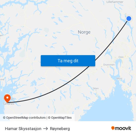 Hamar Skysstasjon to Røyneberg map