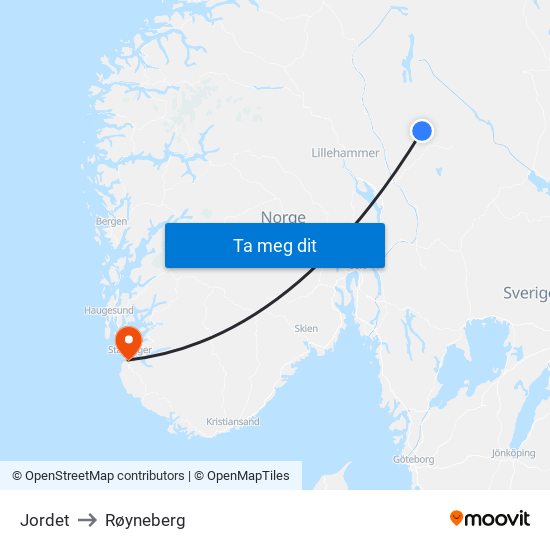 Jordet to Røyneberg map