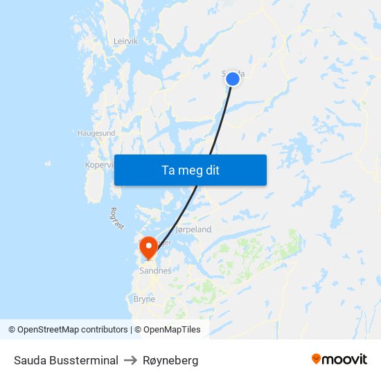 Sauda Bussterminal to Røyneberg map