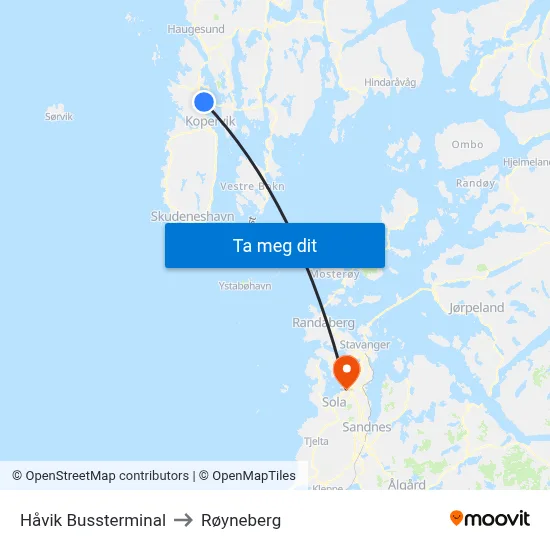 Håvik Bussterminal to Røyneberg map