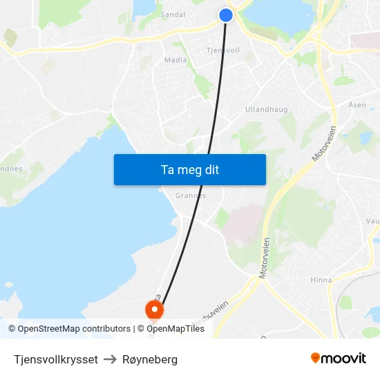 Tjensvollkrysset to Røyneberg map