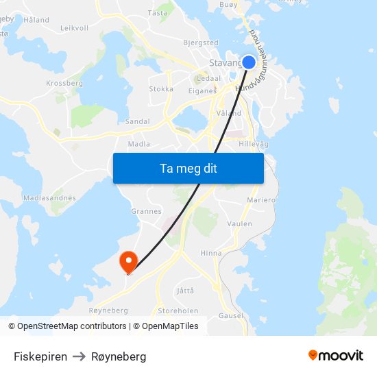 Fiskepiren to Røyneberg map