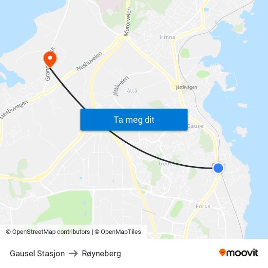 Gausel Stasjon to Røyneberg map