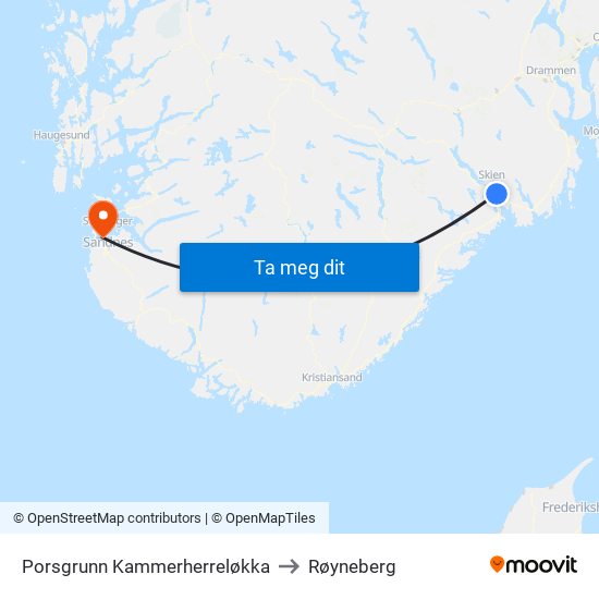 Porsgrunn Kammerherreløkka to Røyneberg map