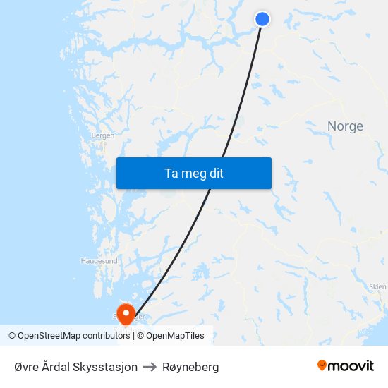 Øvre Årdal Skysstasjon to Røyneberg map