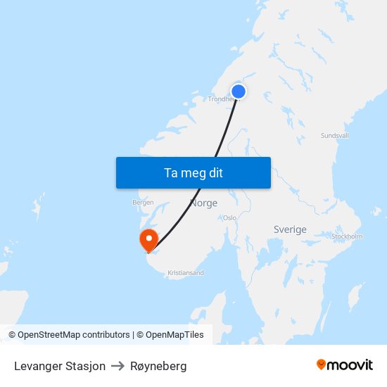 Levanger Stasjon to Røyneberg map