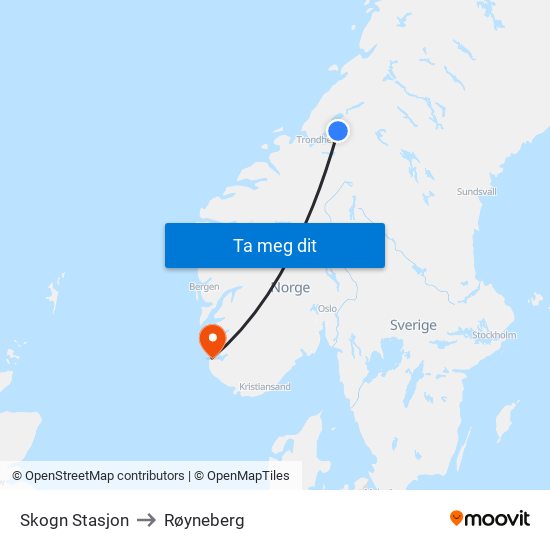 Skogn Stasjon to Røyneberg map