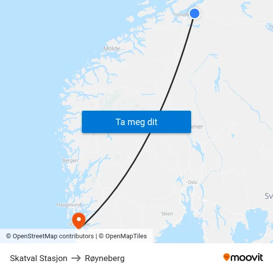 Skatval Stasjon to Røyneberg map