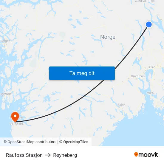 Raufoss Stasjon to Røyneberg map
