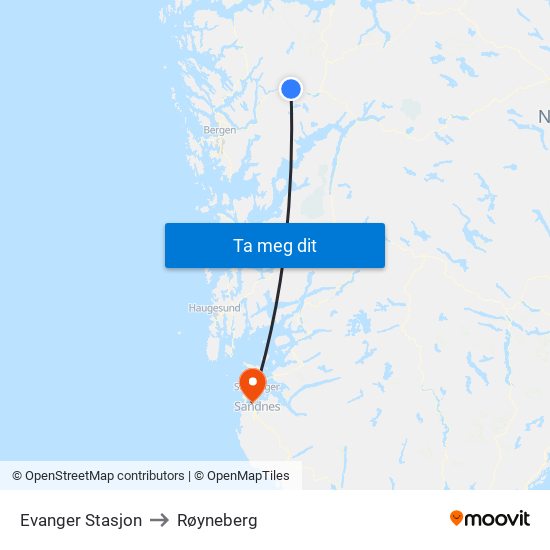 Evanger Stasjon to Røyneberg map