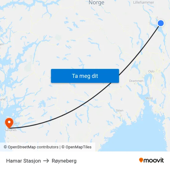 Hamar Stasjon to Røyneberg map