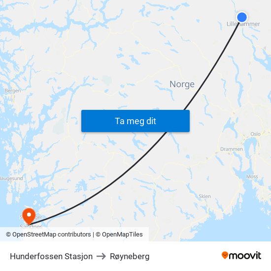 Hunderfossen Stasjon to Røyneberg map