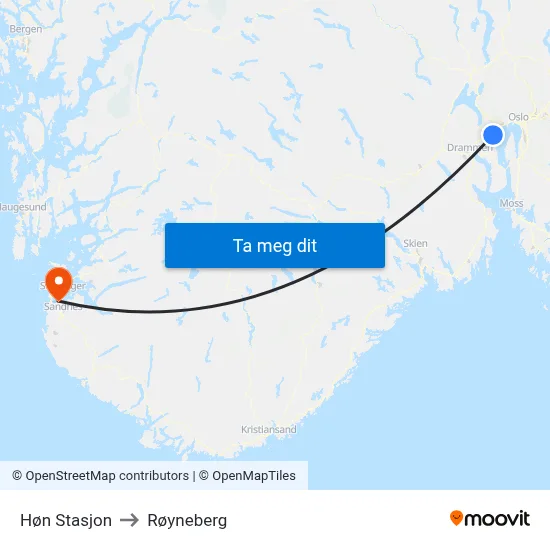 Høn Stasjon to Røyneberg map