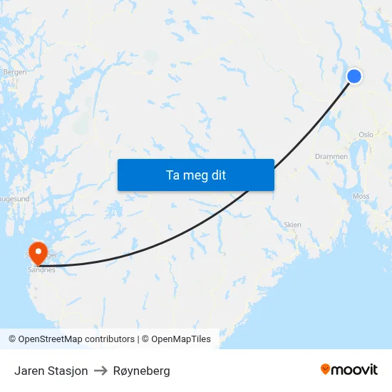 Jaren Stasjon to Røyneberg map