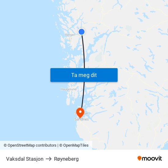 Vaksdal Stasjon to Røyneberg map