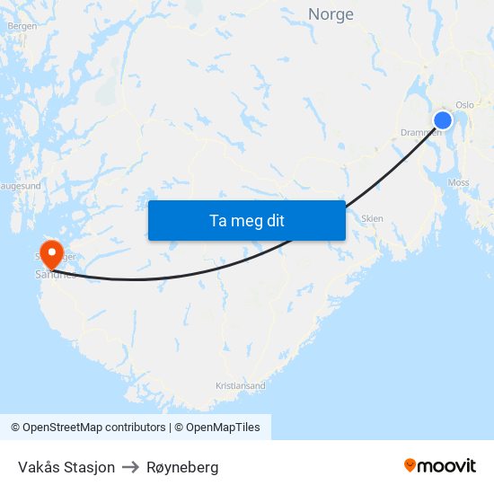 Vakås Stasjon to Røyneberg map