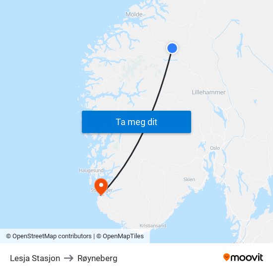 Lesja Stasjon to Røyneberg map