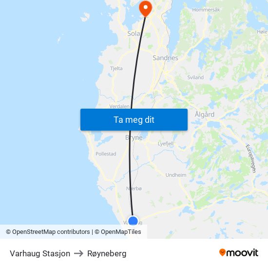 Varhaug Stasjon to Røyneberg map