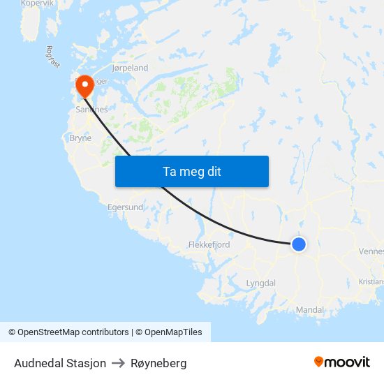 Audnedal Stasjon to Røyneberg map
