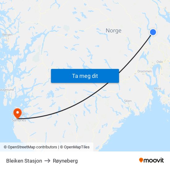 Bleiken Stasjon to Røyneberg map
