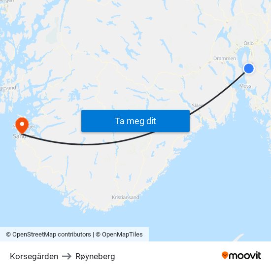 Korsegården to Røyneberg map