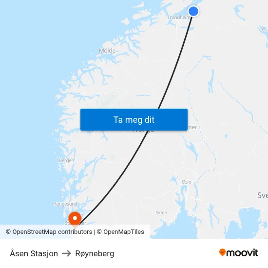 Åsen Stasjon to Røyneberg map