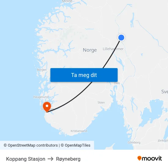 Koppang Stasjon to Røyneberg map