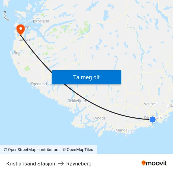 Kristiansand Stasjon to Røyneberg map