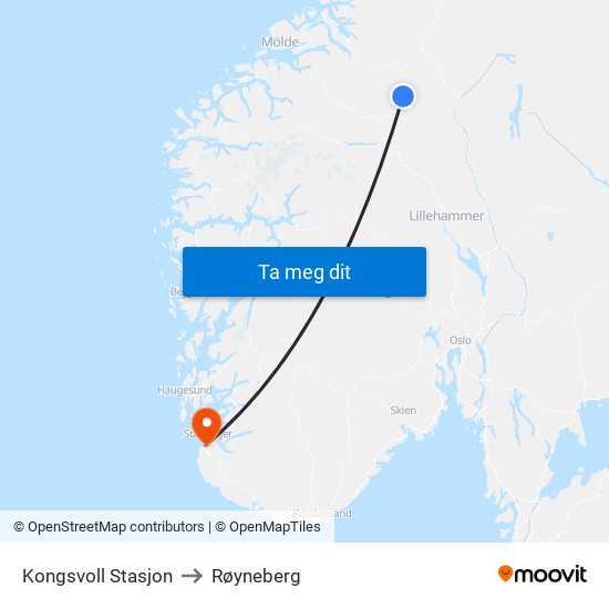 Kongsvoll Stasjon to Røyneberg map