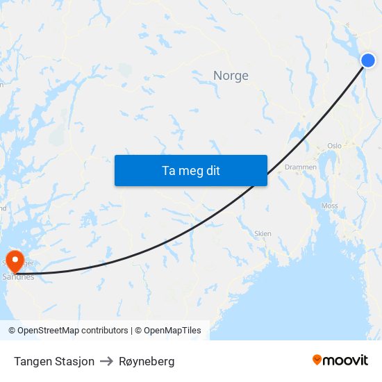 Tangen Stasjon to Røyneberg map