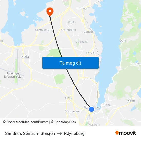 Sandnes Sentrum Stasjon to Røyneberg map